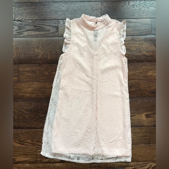 Dresses & Skirts - As U Wish Light Baby Pink Lace Dress M Illusion Mockneck Ruffle Cap Sleeve